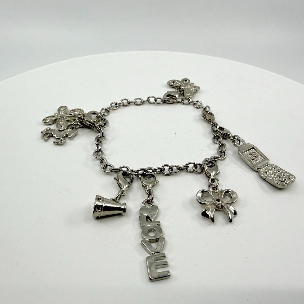 Silver Tone Charm Bracelet LOVE Bow Butterfly Horse Y2K Aesthetic Statement Gift